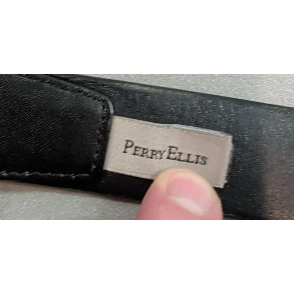 Perry Ellis Portfolio Mens Black Leather Belt Silver Tone Buckle Size 36 1P35114